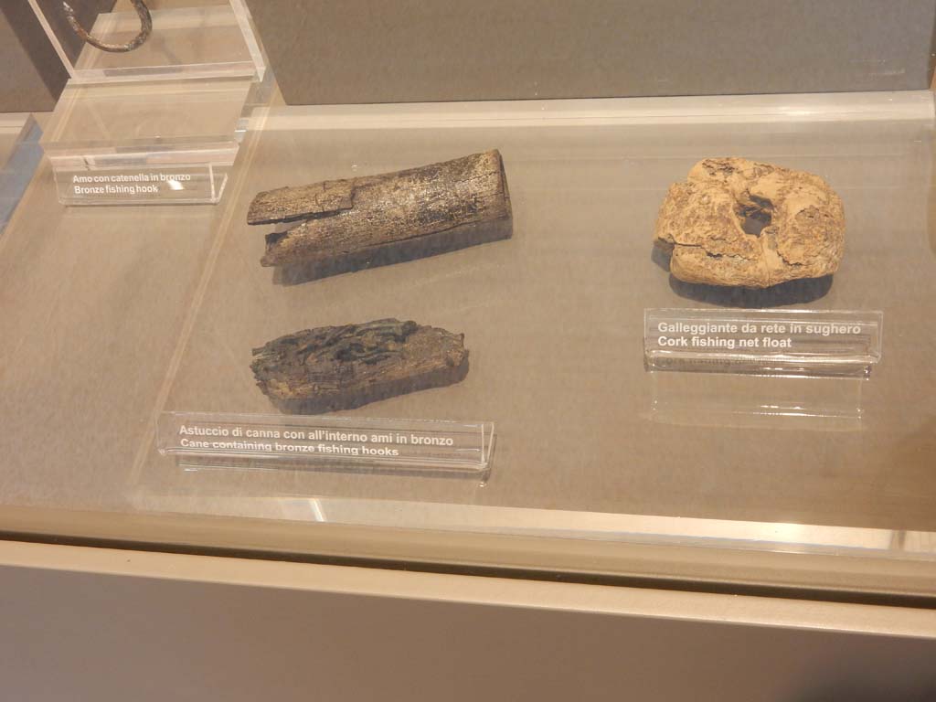 Herculaneum, June 2019. Cane containing bronze fishing hooks, and cork fishing net float.
Photo courtesy of Buzz Ferebee.